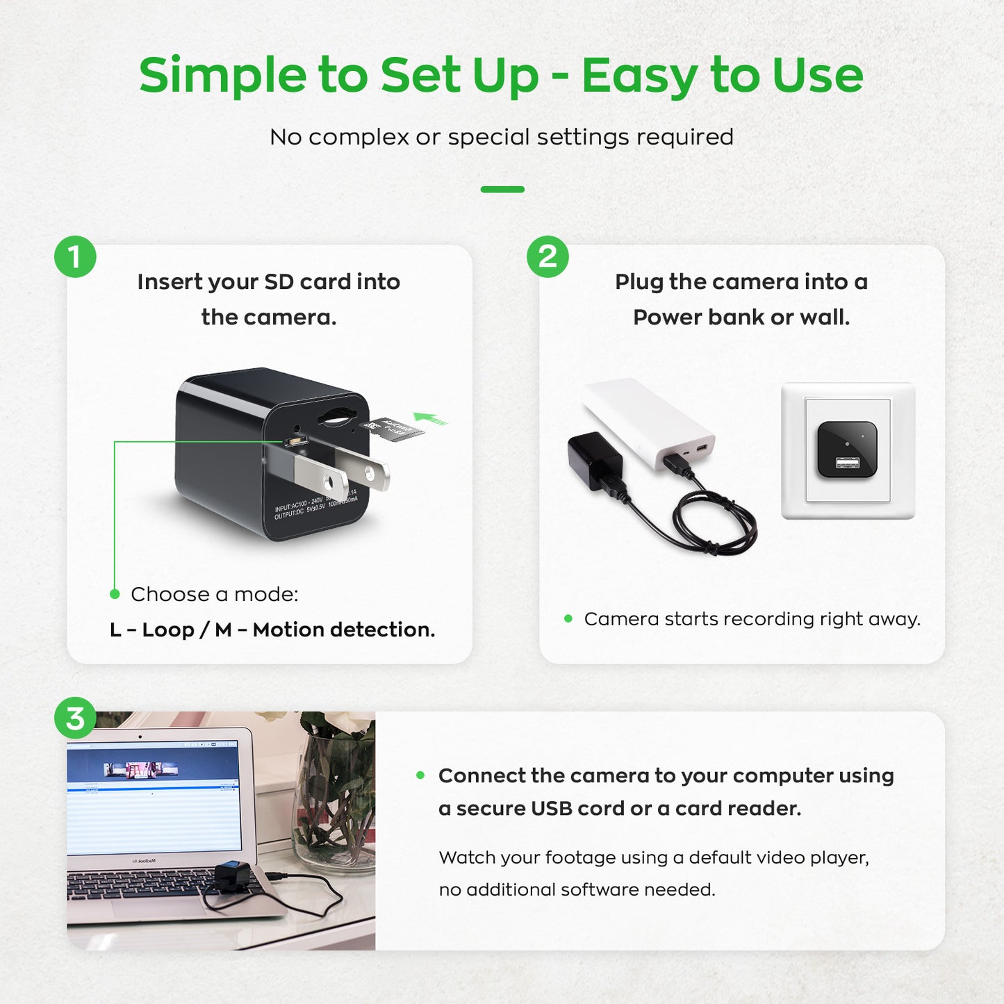 Security Camera Charger HD 1080p Easy to Use without WiFi