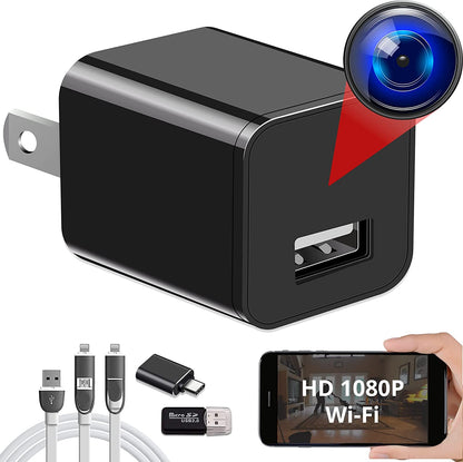 Black AlphaTech Wi-Fi USB camera with accessories, a lens callout and a phone illustrating remote viewing.
