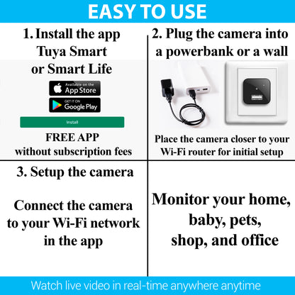 Wi-Fi camera setup: install Tuya Smart or Smart Life, connect power and pair the camera with Wi-Fi in the app.