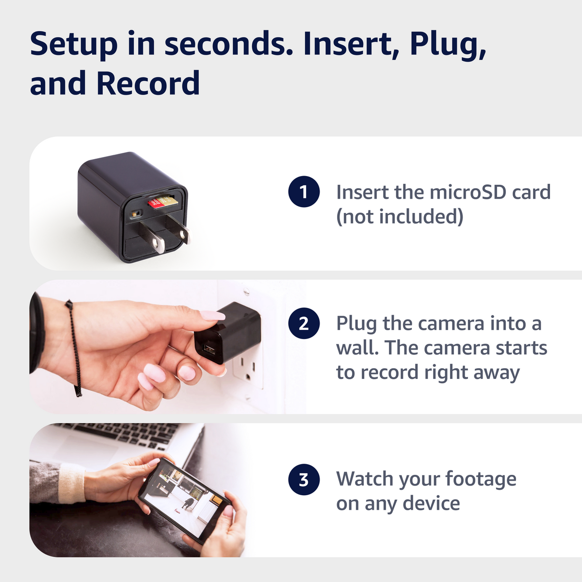 No-WiFi camera setup: insert a microSD card (not included), connect power and view saved recordings.