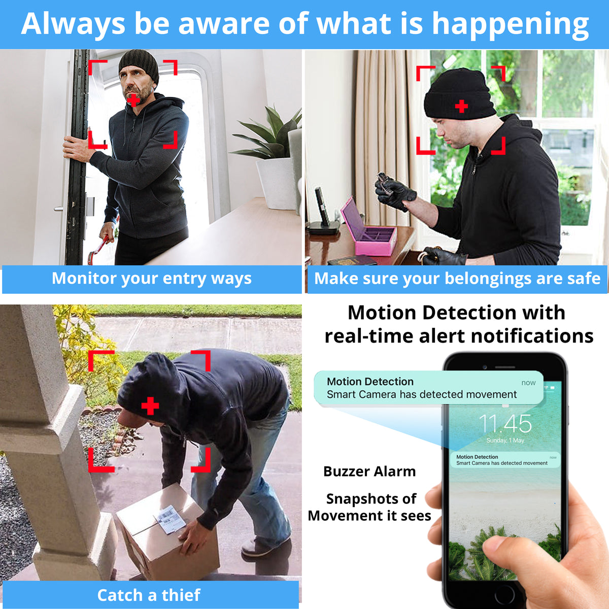 Motion-alert infographic with staged burglary scenes, red detection markers and a sample phone notification.