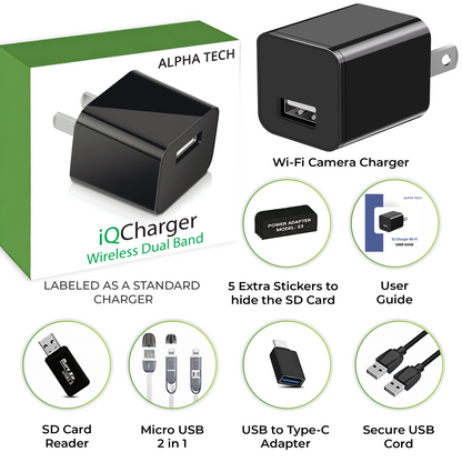 AlphaTech Wi-Fi camera kit with box, user guide, card-slot stickers, card readers, USB-C adapter and cables.
