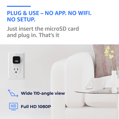 No-WiFi 1080p camera in a wall outlet beside a sofa, with information on recording without a camera app.