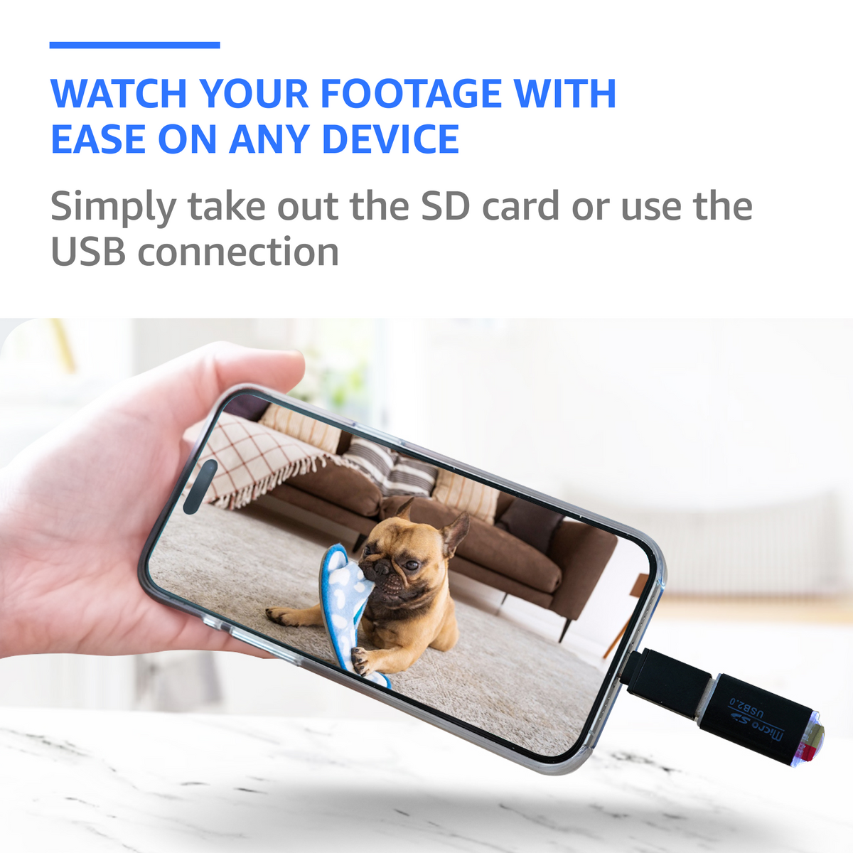 Phone and USB microSD reader illustrating playback of saved no-WiFi camera footage, with a dog on screen.