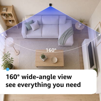 Living room diagram illustrating a USB-C Wi-Fi camera's 160° wide-angle view.