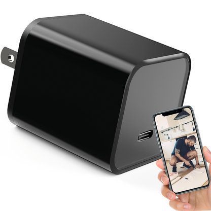 Black AlphaTech USB-C Wi-Fi camera in a wall-charger design, beside a phone illustrating remote viewing.