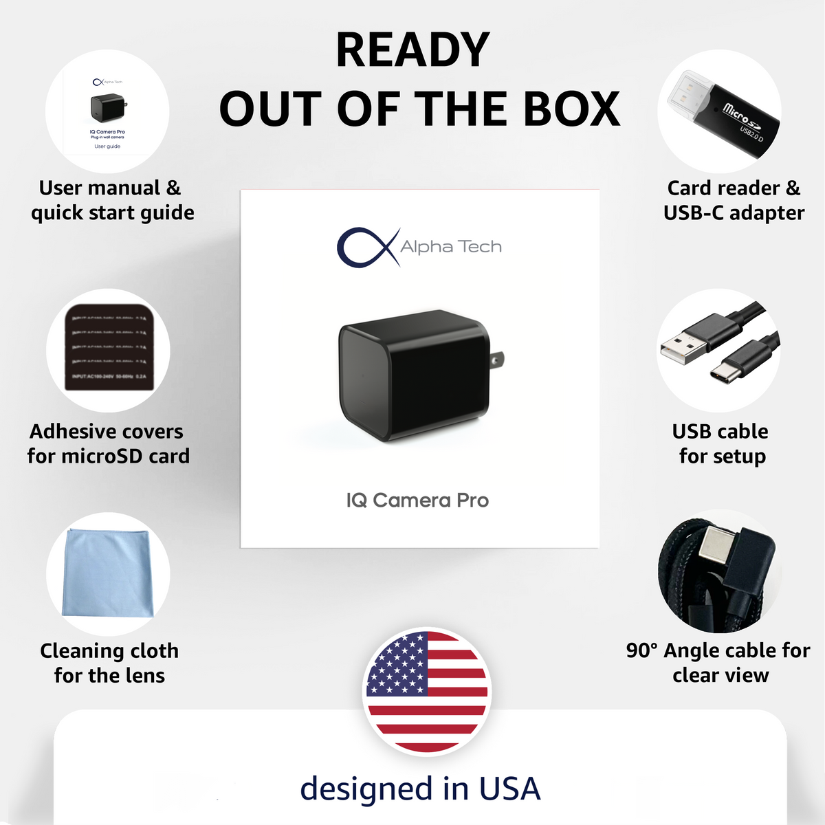 AlphaTech camera kit with box, guide, microSD reader, USB-C adapter, USB setup and right-angle cables, card-slot covers and cleaning cloth.